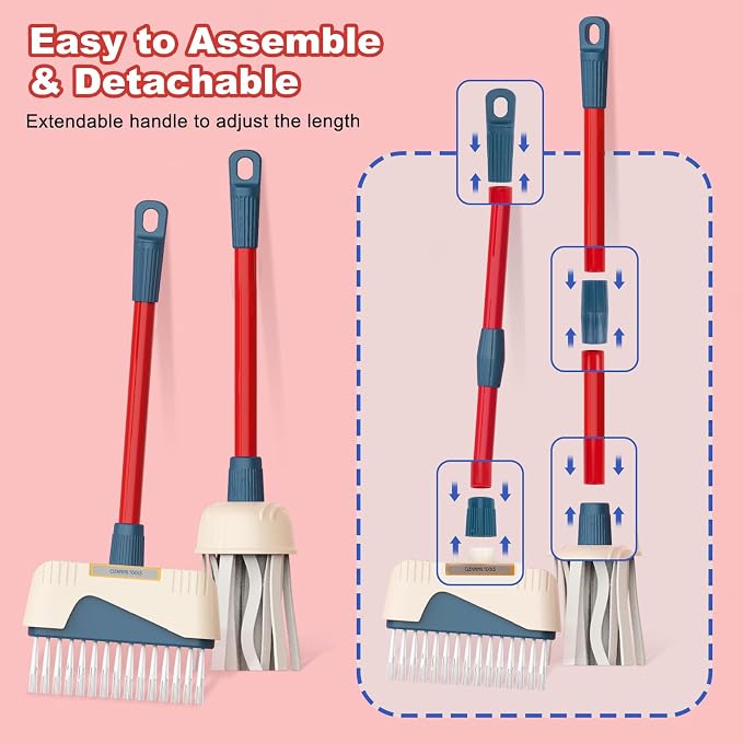 Toddler Cleaning Set, 12PCS Detachable Kids Broom and Dustpan Set Includes Mop, Brush, Scraper, Handcart, Bucket and More, Pretend Play Housekeeping Kit, Birthday Gift for Boys Girls Aged 3+