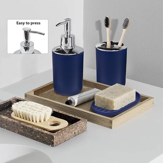 CERBIOR Bathroom Accessories Set 6 Piece Bath Ensemble Includes Soap Dispenser, Toothbrush Holder, Toothbrush Cup, Soap Dish for Decorative Countertop and Housewarming Gift (Royal blue-6pcs)