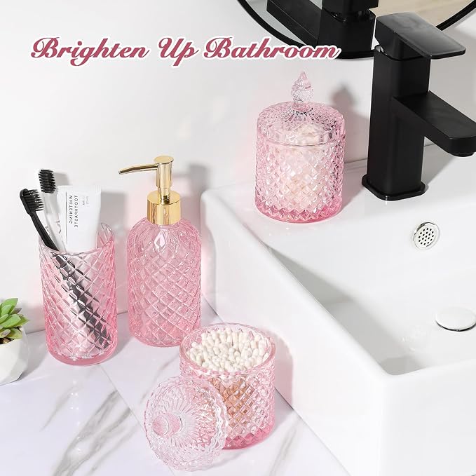 RYTOXILO Pink Bathroom Accessories Set, 4 Pack Pink Bathroom Decor Accessory Sets Complete, Diamond Glass Soap Dispenser and Toothbrush Holder Set for Bath Counter Organizer Essentials