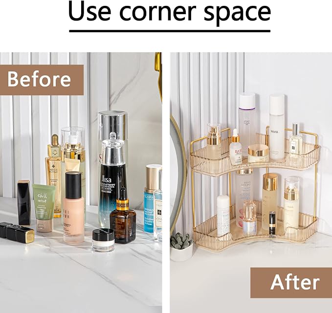 shuang qing 2-Tier Corner Bathroom Counter Organizer – Classic Storage Shelf for Makeup, Perfume & Toiletries, Space-Saving Countertop Tray Fits Bathroom, Dresser, Kitchen (Vintage Gold)
