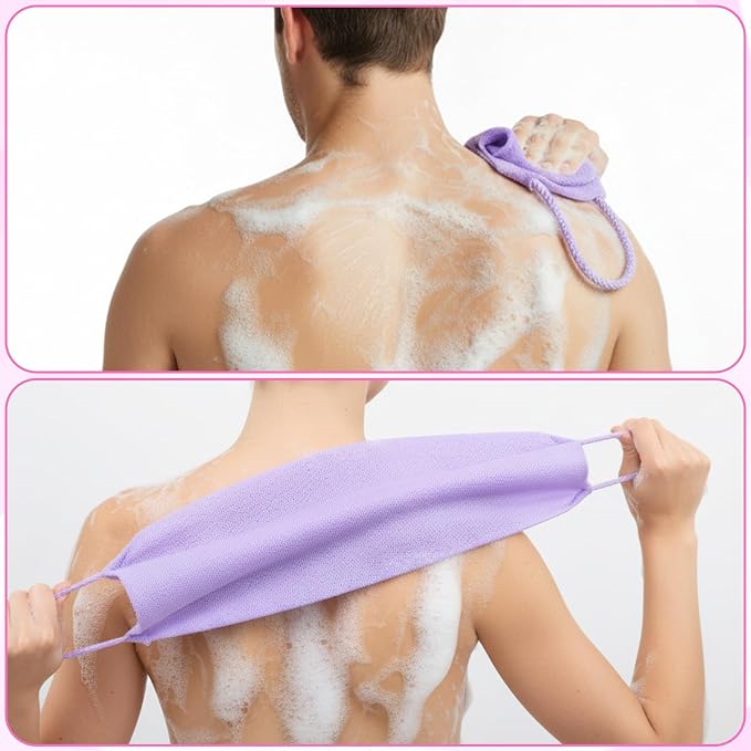 3 Pcs Exfoliating Washcloth with Handles, Double-Sided Back Scrubber Washer for Shower Body Scrub Towel Stretchable Back Washer Shower Towel for Women Bath Showers Exfoliation