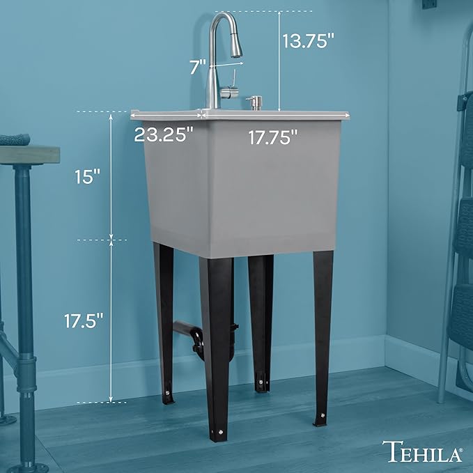 Grey Space Saver Utility Sink by JS Jackson Supplies, Freestanding Tehila Space Saving Laundry Tub, Stainless Pull-Down Faucet, Soap Dispenser