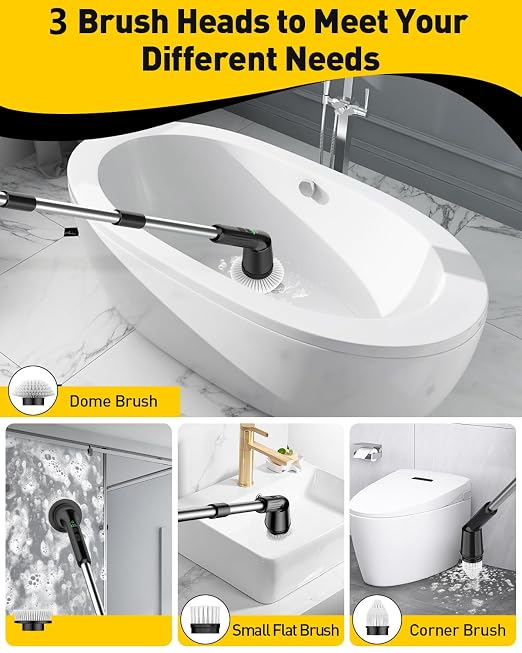Electric Spin Scrubber for Cleaning Bathroom, Shower Scrubber Rotary Floor Brushes with IPX7 Waterproof & 2 Speed, 3 Brush Heads, Bathroom Cleaning Supplies for Toilet Shower Tub Black