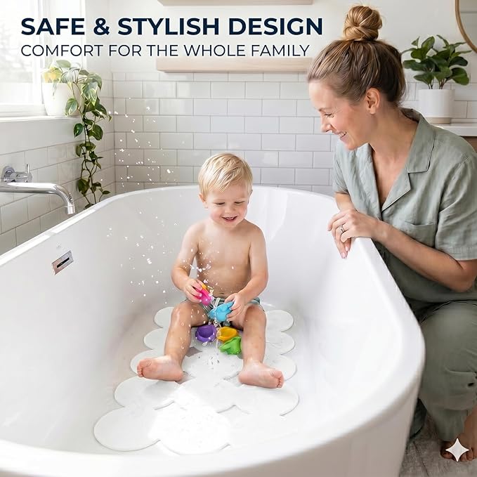 Webos Patented Non Slip Bathtub Mat Shower Bath Mats with Strong Suction Cups Superior Grip&Drainage Soft Heavy Duty Natural Rubber Bath Mat for Inside The tub (White, 28x16 inch)