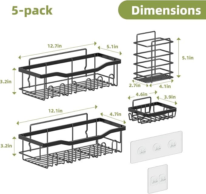Simple Trending Shower Caddy, 5 Pack Rustproof Stainless Steel Shower Shelves, No Drilling Bathroom Organizer Adhesive with Large Capacity, Black Metal Storage Basket