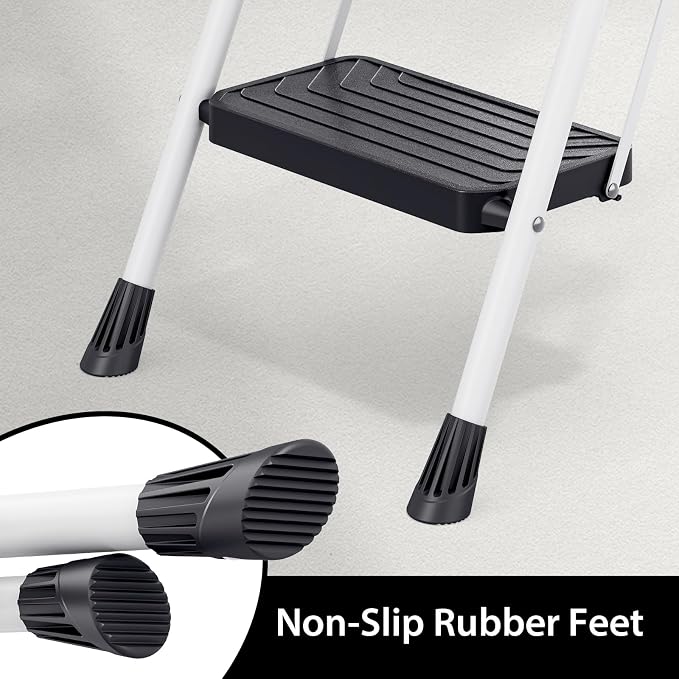 TOOLF 3 Step Ladder, Sturdy Steel Step Stool with Anti-Slip Wide Pedals, Handrail, Safe-Lock Design, Folding Portable Ladder for Multi-Purpose, Home, Kitchen, Pass 800lbs Load Testing, White