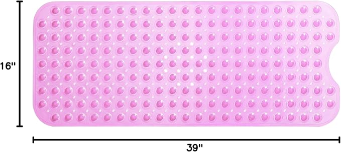 Extra-Long Non-Slip Bathtub & Shower Mat 39”x16” (Smooth/Non-Textured Tubs Only) Safe, Clean, Machine-Washable, Superior Grip&Drainage, Vinyl, Transparent Pink