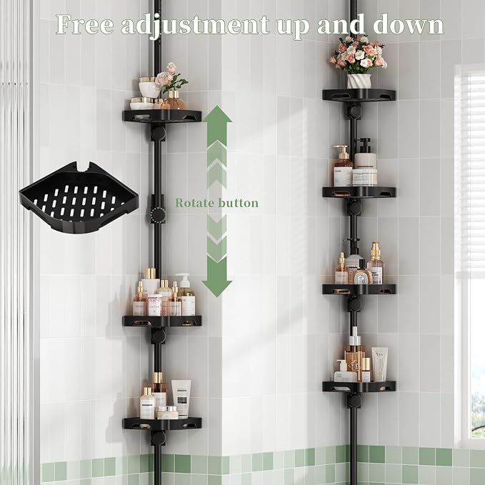 akinbas Tension Pole Shower Caddy Organizer with 4 Tier L-Shaped Rust Resistant Bathroom Corner Shelves with 34-124 Inch Adjustable No Drilling Quick Install Shower Rack for Bath Essentials (Black)