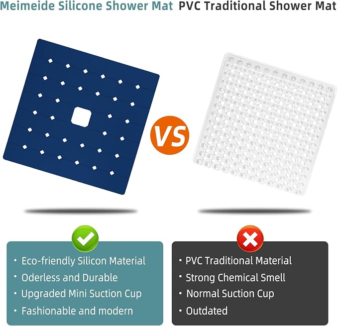 Shower Mat Non Slip Silicone Soft Odorless Bathtub Mat Non Slip No Suction Cups for Refinished,Reglazed and Textured Bath Tub Mat 24 X 24 Inch Navy