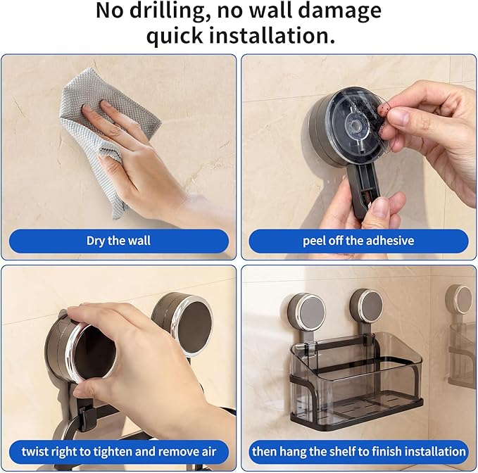 Shower Caddy Suction Cup, Removable Bathroom Organizer Shelf for Shower Storage, No Drilling Clear Square Shower Shelves, Large Capacity & Reusable, 1 pack