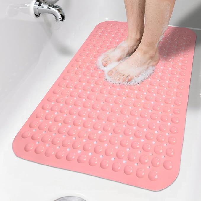 Pink Bathtub Mat Shower Mat Non Slip 17x30 Inch Standard Size, Soft Bubble Bath Tub Mat Shower Mats for Inside Shower Bathroom Floor Mat with Big Suction Cups & Drain Holes, BPA-Free