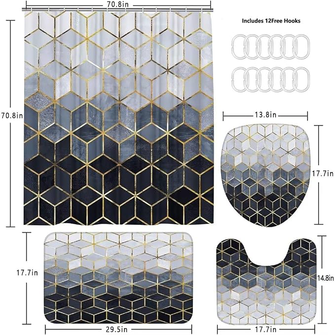 LQCOOL 4Pcs Blue Gradient Shower Curtain Set Modern Geometric Shower Curtain Set Golden Cubic Lines Bathroom Set (Blue)…