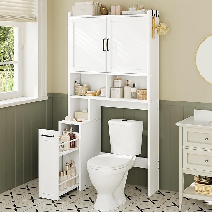UPOSOJA Over The Toilet Storage Cabinet with Pulley Small Bathroom Storage Cabinet, Space Saver W/Adjustable Shelf & Open Shelf for Bathroom, Restroom, Laundry (White)