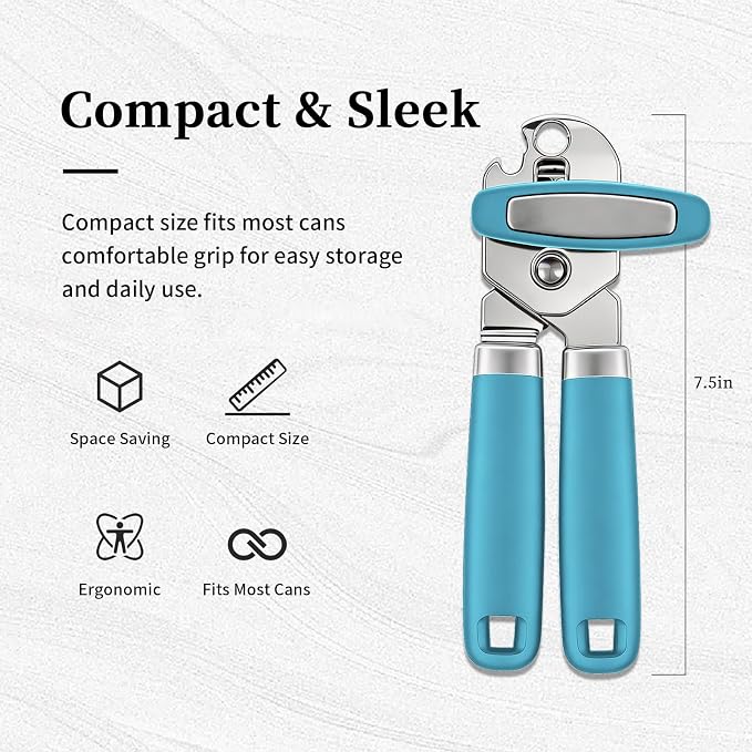 Can Opener Manual, Hand Heavy Duty Stainless Steel Bottle Opener Comfortable Handle, Sharp Blade Smooth Edge, Multifunctional Kitchen Tool, Blue