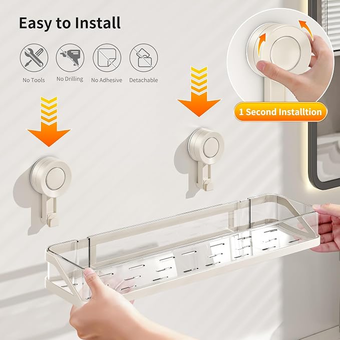 Suction Cup Shower Caddy, Removable Bathroom Organizer Shelf for Shower Storage, No Drilling Clear Square Shower Shelves, Large Capacity & Reusable, Home & Kitchen White
