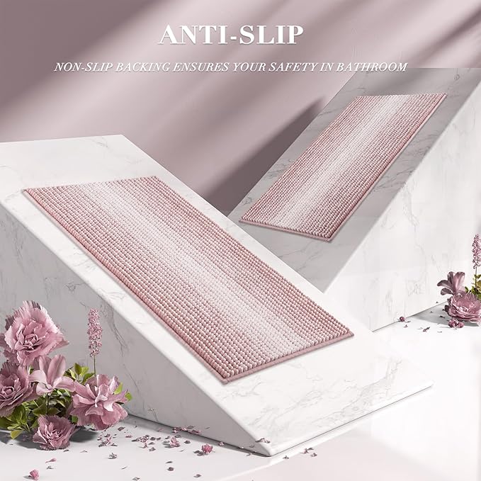 BSICPRO Bathroom Rugs and Mats Sets, 2 Piece Thick Absorbent Chenille Bath Mat Rug Set Non Slip, Soft Shaggy Bath Room Floor Mats for Bathroom, Machine Washable (20" x 47" Plus 16" x 24",Mist Pink)