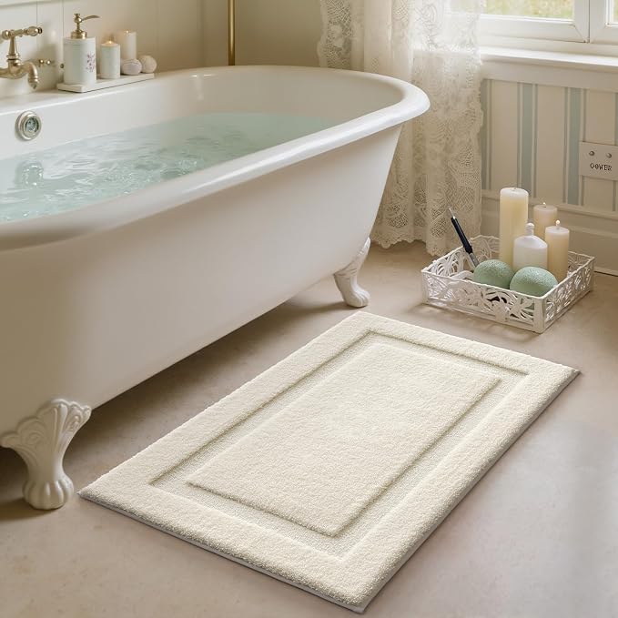 LUMI Ultra Soft Bathroom Rugs Non Slip with Rubber Backing, Absorbent Washable Bath Mat Quick Dry, Upgraded Premium Microfiber Plush Carpet for Bathtub and Shower Floor, Ivory White, 20x32