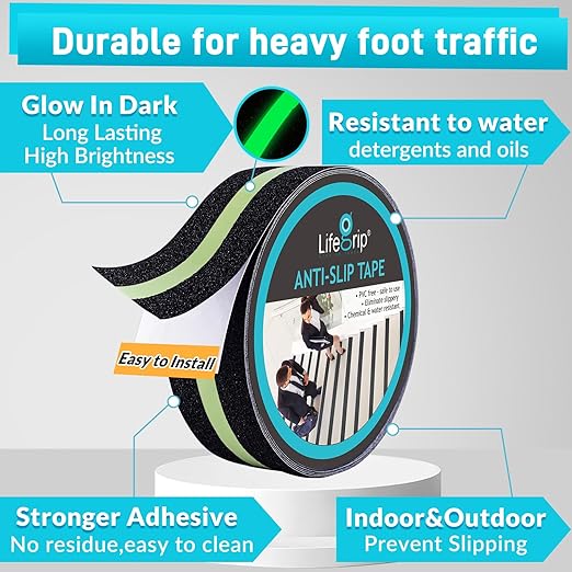 LifeGrip Anti Slip Traction Tape with Glow in Dark Green Stripe, 2 Inch x 15 Feet - Best Grip Tape, Friction, Abrasive Adhesive for Stairs, Tread Step, Indoor and Outdoor, Black (2" X 15')