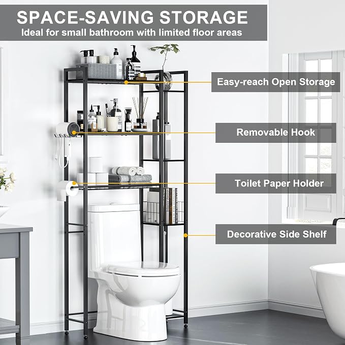 Over The Toilet Storage with Wooden Shelves and Side Rack, 7-Tier Black Over Toilet Bathroom Organizer Freestanding Storage Shelf for Toilet Paper, Towels, Toiletries, 31.5" Wide