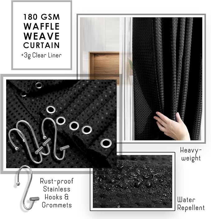 Clara Clark Bathroom Accessories Set - Bathroom Set, Bathroom Sets with Shower Curtain and Rugs, Shower Curtain Set with Bathroom Trash Can - Ombre Black - 22PC