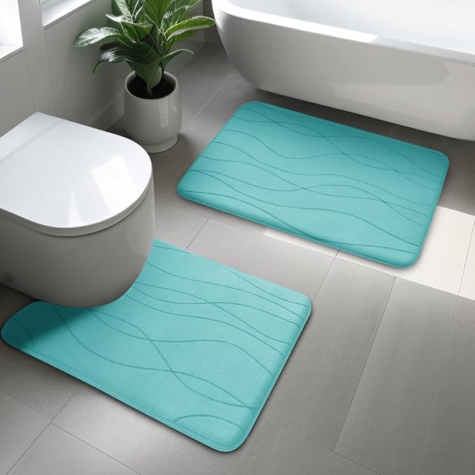 YIHOUSE Memory Foam Bathroom Rug Sets, Teal, 2 Piece-U Shape & Small Mat | Ultra Soft, Absorbent, Non-Slip, Machine Washable