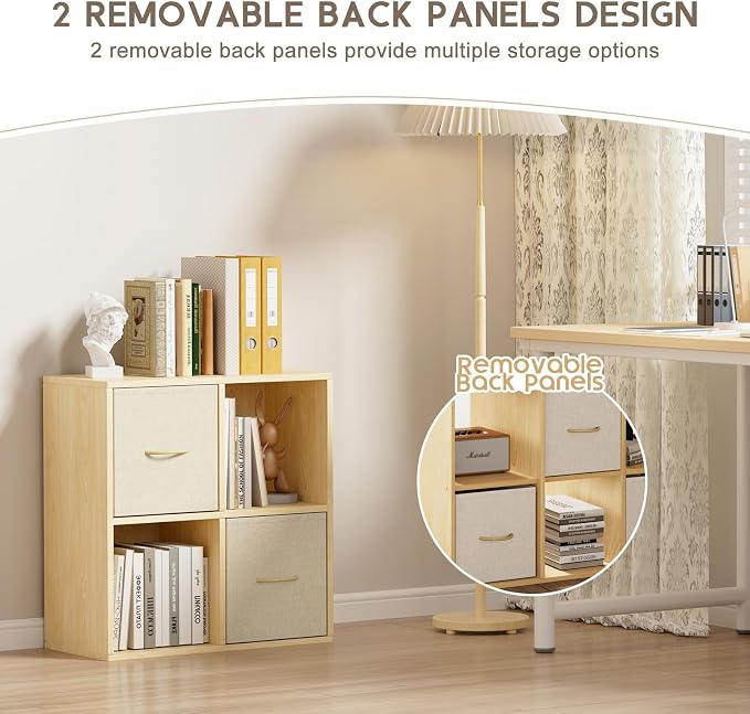EXPERLAM 4 Cube Storage Organizer - Solid Wood Bookshelf with 2 Storage Bins, Cube Shelf with 2 Removable Back Panels, Vertical or Horizontal Bookcase, Open Book Shelf for Bedroom, Living Room, Office