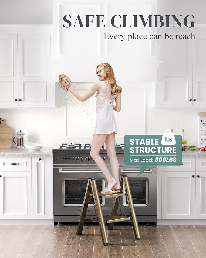 2 Step Ladder, Folding Step Stool with Wider Pedal, Anti-Slip Feet & Non Slip Stripes, Aluminum Sturdy Material, 300Lbs Capacity, Elegant Look of Champagne Gold Better Matches Your Home