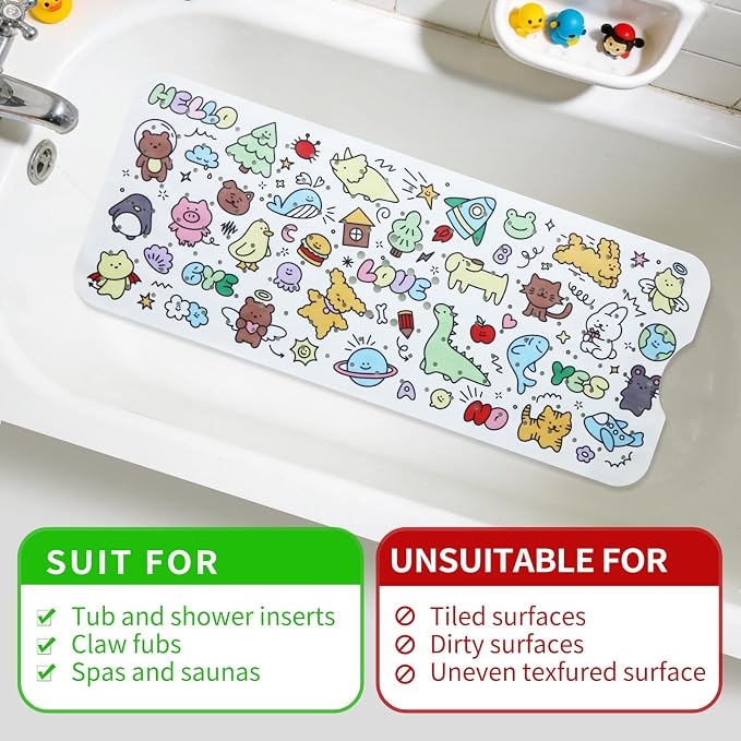 Baby Bath Mat for Tub Non Slip Kids Bathtub Mat Extra Long 40X16 Inch Toddler Bath Tub Shower Mat Anti Slip with Suction Cups & Drain Holes, Machine Washable (Cartoon)