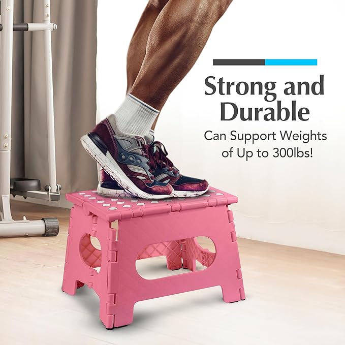 Handy Laundry Folding Lightweight Step Stool - Sturdy Enough to Support Adults - Opens Easy with One Flip - Great for Kitchen, Bathroom or Bedroom (Pink - 9 Inch)