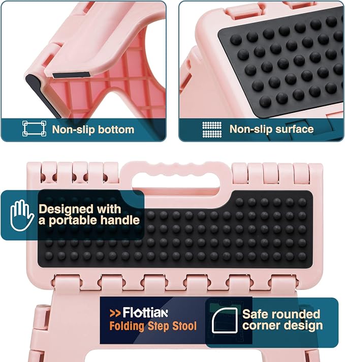 Flottian 11" Folding Step Stool for Adults and Kids Holds Up to 300 lbs,Non-Slip Folding Stools with Portable Handle, Compact Plastic Foldable Step Stool for Bathroom,Bedroom, Kitchen Sakura Pink