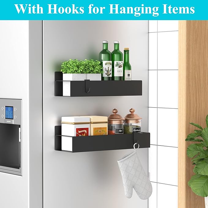 HuggieGems 2 Pack Magnetic Spice Storage Rack Organizer for Refrigerator and Oven, Black Fridge Organizers and Storage