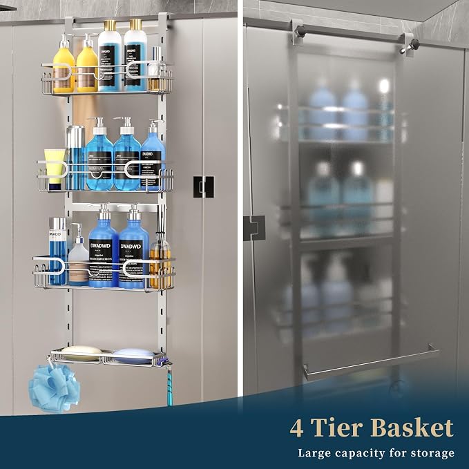 Consumest Over The Door Shower Caddy - 4 Tier Adjustable Hanging Shower Organizer Shelf with 2 Soap Holders & 22 Hooks, Rustproof Easy Installation Hanging Storage Rack for Bathroom, Silver