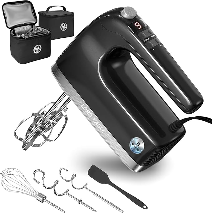 Lord Eagle 9-Speed Digital Hand Mixer Electric Handheld, 500W DC Motor Kitchen Mixer for Cake Baking, Lightweight Egg Beaters with Stain-resistant & Waterproof Storage Bag & 6 Accessories, Black