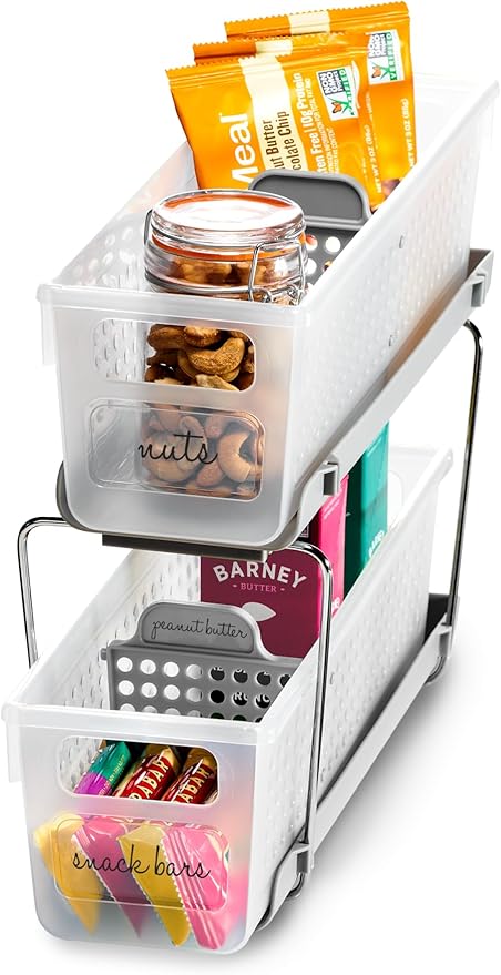 madesmart Mini 2-Tier Organizer, Multi-Purpose Slide-Out Storage with Handles and Dividers for Home and Bath, Frost