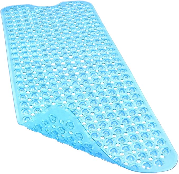 Bathtub and Shower Mats, 40x16 Inch Extra Large Non Slip Soft Bath Tub Mat with Suction Cups and Drain Holes for Bathroom Floor, Machine Washable, Clear Blue