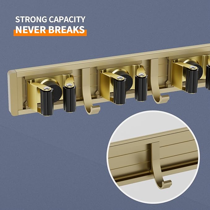 reliahom Broom Holder Wall Mount, 5 Racks with 4 Hooks Bronze - Mop Storage Tool Racks, Broom Hanger Tool Organizer for Garage, Kitchen, Garden, Laundry Room