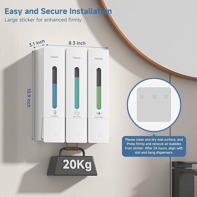 Shampoo and Conditioner Dispenser - Shower Soap Dispenser Wall Mounted No Drill - Shampoo Conditioner Body Wash Dispenser 3 Chamber - Easy Install for Bathroom Hotel White 1200ml