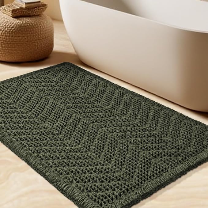 Waffle Bath Mat, Boho Woven Modern Bath Rug Absorbent Non Slip, Ultra Soft Bathroom Mats, Machine Washable Knit Bath Rugs with Herringbones for Bathroom, Bedroom, Kitchen, Shower, 36"x24", Dark Green