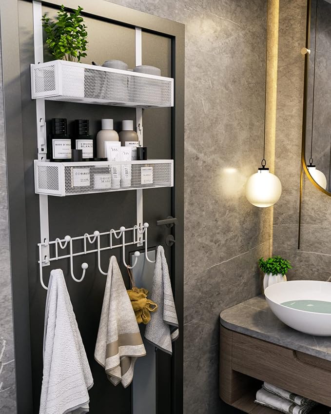 Consumest Over The Door Hooks Organizer - 3 Tier Door Hanger with 9 Coat Hooks & 2 Mesh Basket, Back Storage Organizer Hanging Towels for Bathroom, Bedroom, White