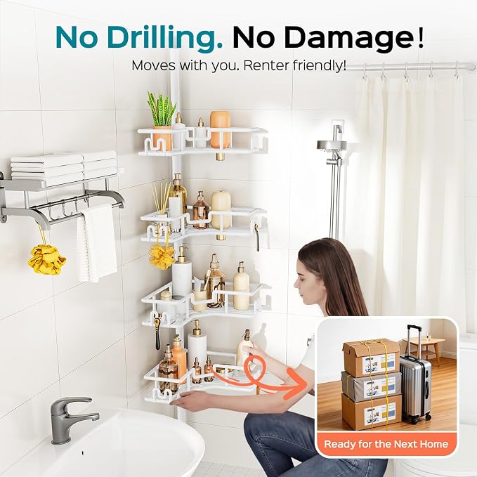 HAMITOR Shower Organizer Tension Pole: 4-Tier Rustproof Large Capacity Corner Shower Caddy with Hooks - Heavy Duty No Drilling Adjustable Storage Rack for Family, Apartment & Dorm 47-123 Inch White