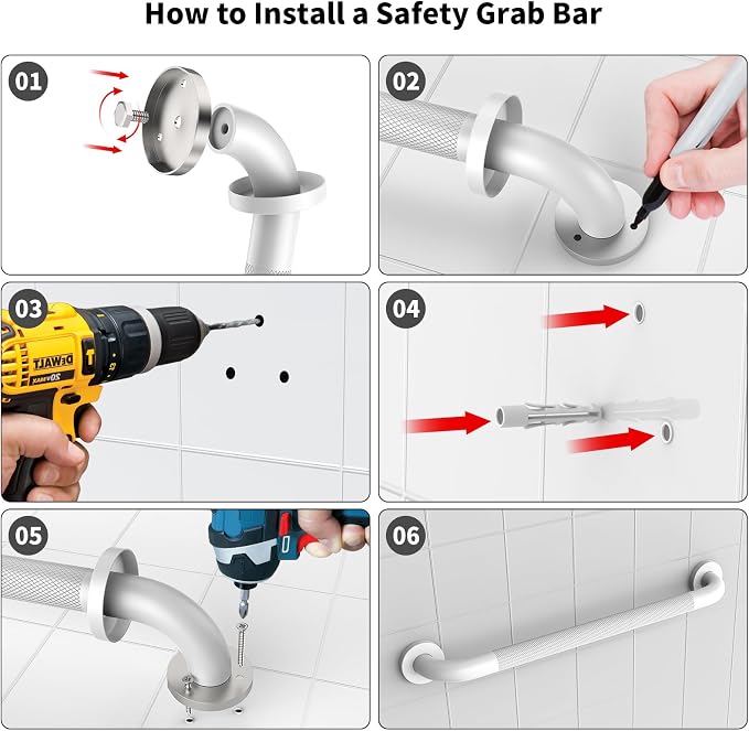 4 Pack Commercial Grab Bar Bundle - 16", 24", 36", 40“ - 1.25” Diameter, White Bathroom Grab Bar w/Anti-Slip Knurled Grip, Stainless Steel Handicap Grab Bars, Safety Handrail for Shower Toilet