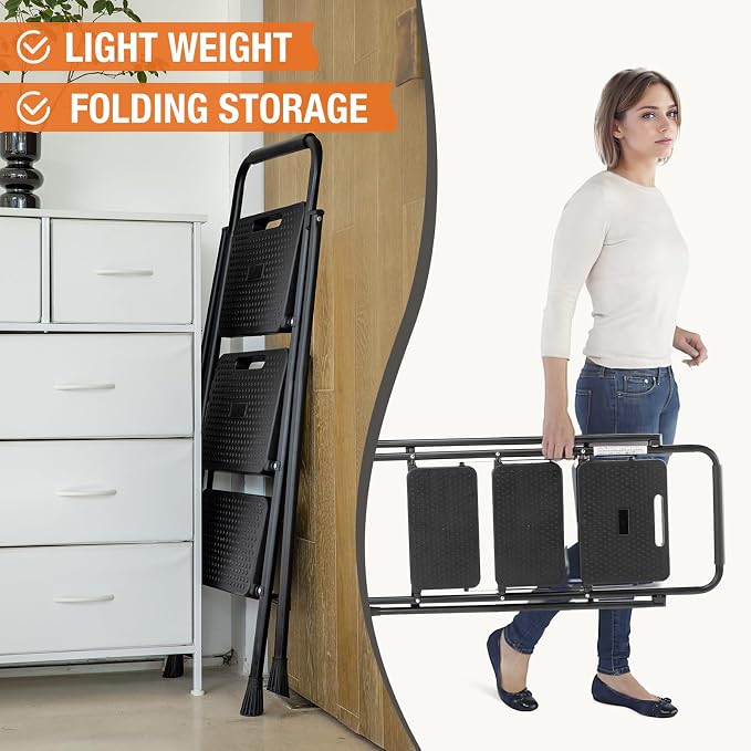 Sweetcrispy Folding 3 Step Ladder Stool - Lightweight, 800lbs Sturdy, with Anti-Slip Feet - Perfect for Home, Kitchen, and Office Use, Easy Storage and Portable Design