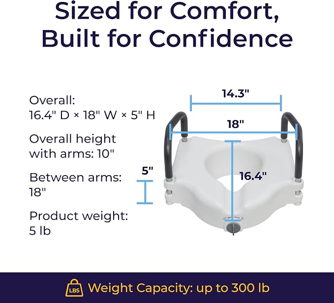 Drive Medical 2-in-1 Raised Toilet Seat with Removable Padded Arms - Elevated Bathroom Safety Support - Secure Locking Attachment - Easy Height Assistance - Durable Construction, Standard Toilets