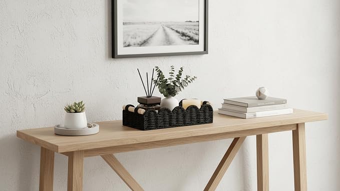 CubesLand Toilet Paper Storage Basket Organizer, Small Wicker Toilet Tank Top Decorative Baskets for Countertop, Handwoven Scalloped Basket w/handle for Home Decor, Living Room, Bedroom, Black