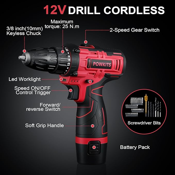 Cordless Drill Tool Set: 12V Power Drill Tool Kit with Battery & Charger, 142Pcs Hand Drill DIY Toolbox, Portable Household Basic Electric Drill Set for Men & Women, Red