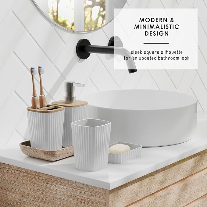 Clara Clark Bathroom Accessories Set - Bathroom Set, Bathroom Sets with Shower Curtain and Rugs, Shower Curtain Set with Bathroom Trash Can - White - 22PC