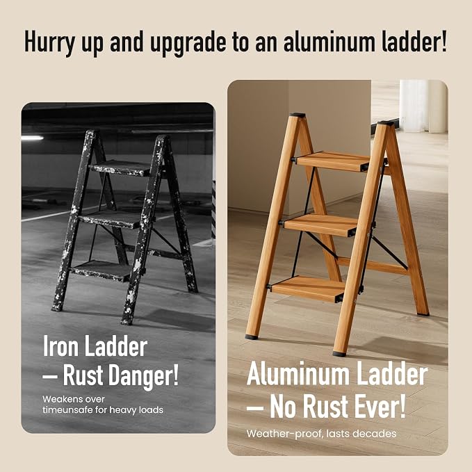 Mayi Plus 3 Step Ladder,Aluminum Folding Step Stool for Adults,Step Ladder with Wide Anti-Slip Pedal,330 lbs Capacity for Home,Office,Kitchen,Library(Woodgrain)