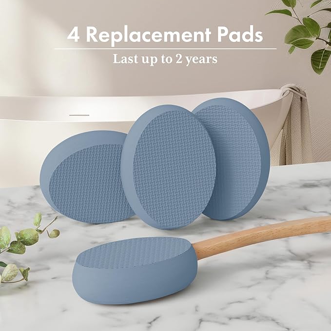 AmazerBath Lotion Applicator for Back, Feet, 4 Replacement Pads with 17" Curved Handle, Back Sunscreen Applicator for Kids, Elderly, Women, Apply Skin Cream Medicine Moisturizer Tanner, Slate Blue