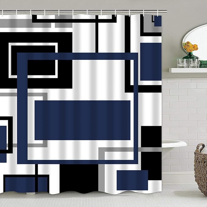 Yddsky 4 Pcs Blue Geometric Shower Curtain Sets with Rugs Blue Bathroom Sets with Shower Curtain and Rugs Modern Bathroom Curtains Shower Set with Toilet Lid Cover for Bathroom Decor Accessories