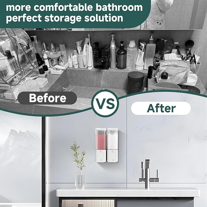 Shampoo and Conditioner Dispenser 2 Chamber No Drill Shampoo Dispenser for Shower Wall Mounted Shower Soap Dispenser 2 * 500ml Refillable Shower Dispenser for Bathroom Hotel,White